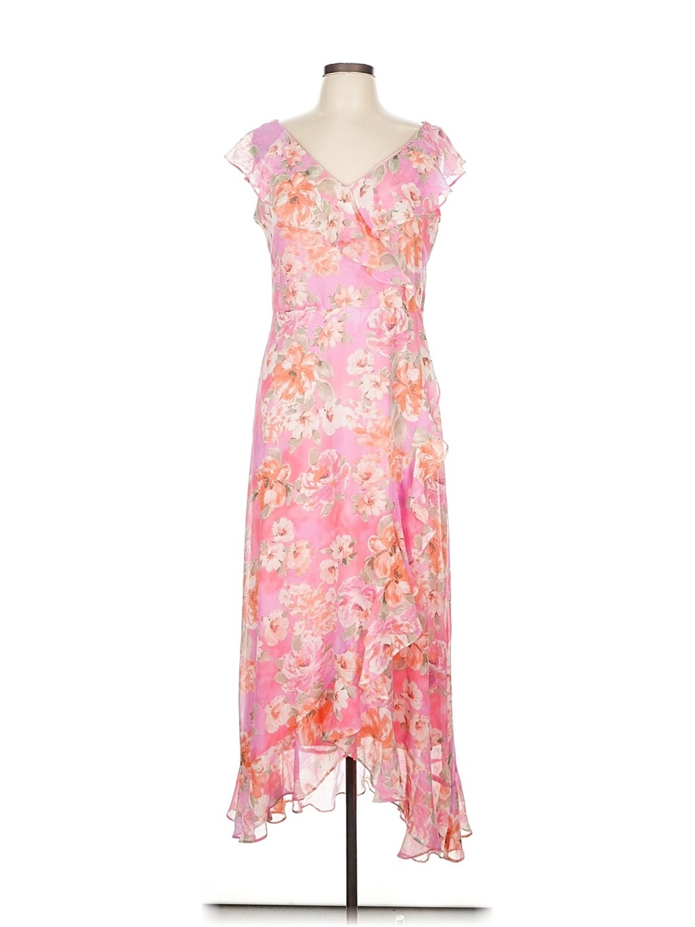 NWT London Times Size 10 Pink Floral High-Low Ruffle Maxi Dress Flaw